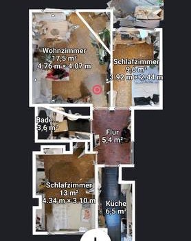 2D-Grundriss einer 3.5-Zimmer-Wohnung mit Raummassen, automatisch aus der 3D-Aufnahme generiert