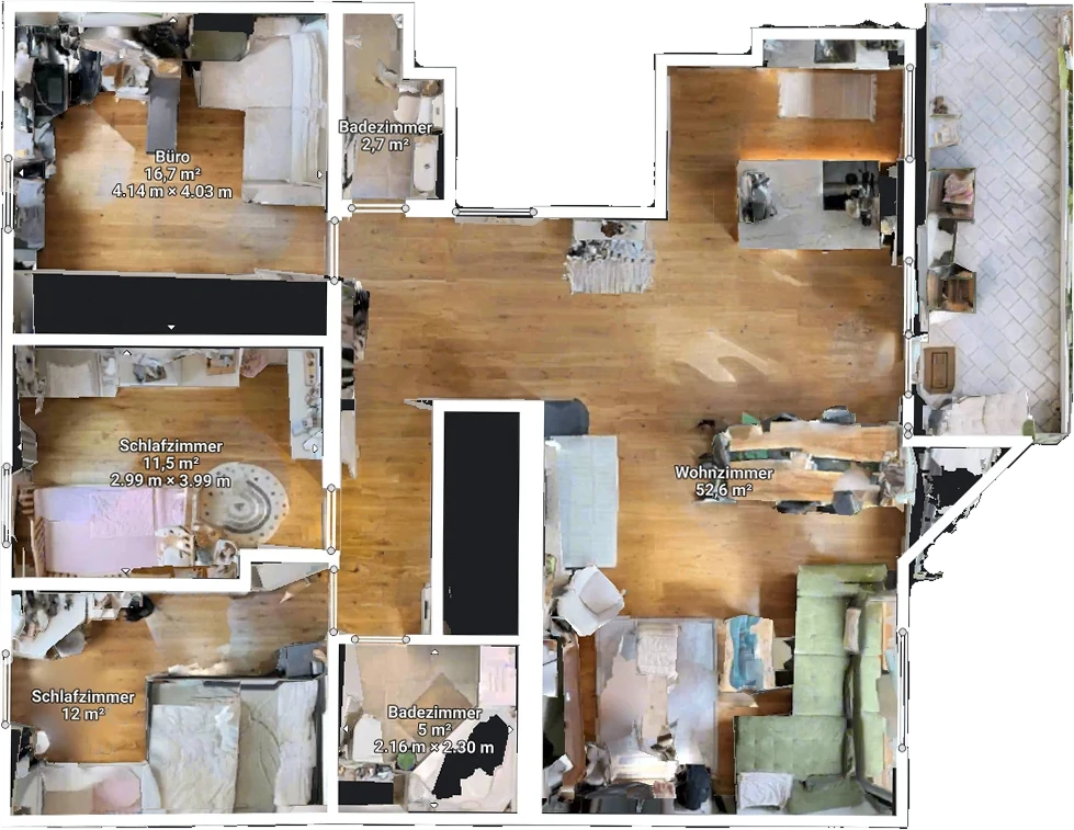 Grundriss-Ansicht der Schaffhauser Wohnung von oben, beschriftet mit Raumflächen: Büro 16,7 m², Schlafzimmer 11,5 m² und 12 m², Badezimmer 2,7 m² und 5 m², Wohnzimmer 52,6 m²