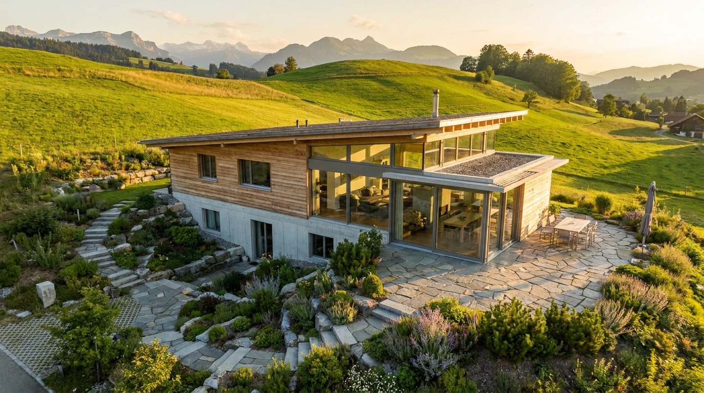 Drohnenaufnahme eines modernen Einfamilienhauses mit Garten