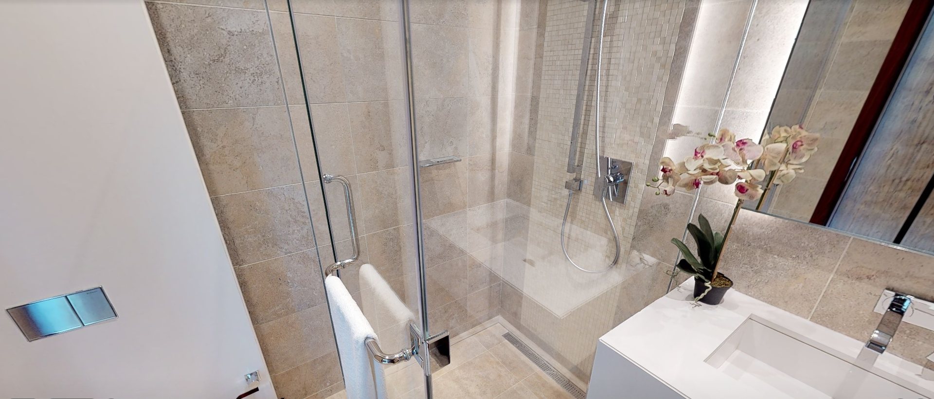 Immobilienfoto eines Badezimmers mit Walk-in-Dusche