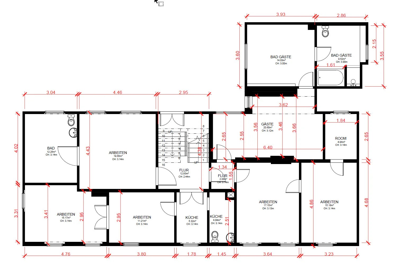 Bemasster CAD-Grundriss mit Raumbezeichnungen, Flächen und durchgehenden Massketten